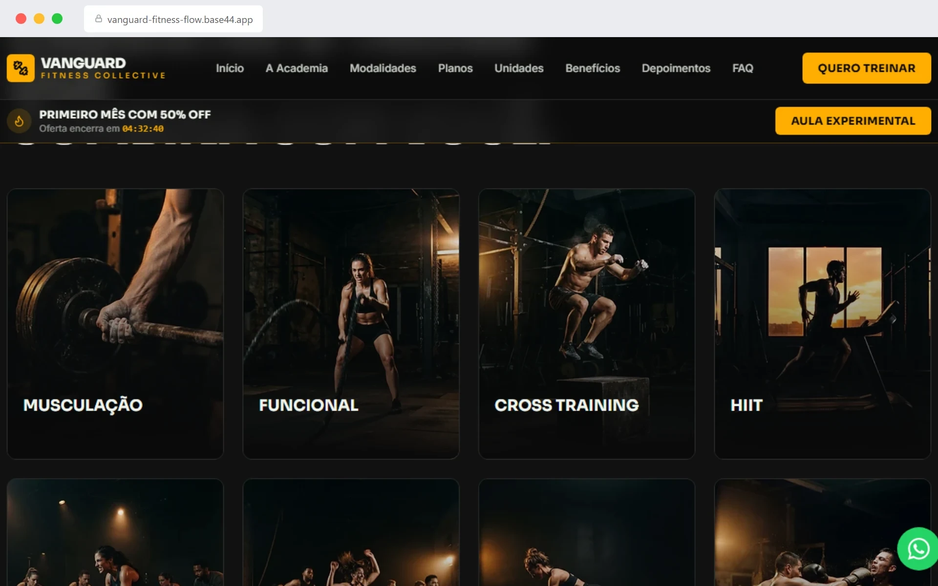 Screenshot do site Vanguard Fitness — projeto de Site institucional desenvolvido pela Buildites